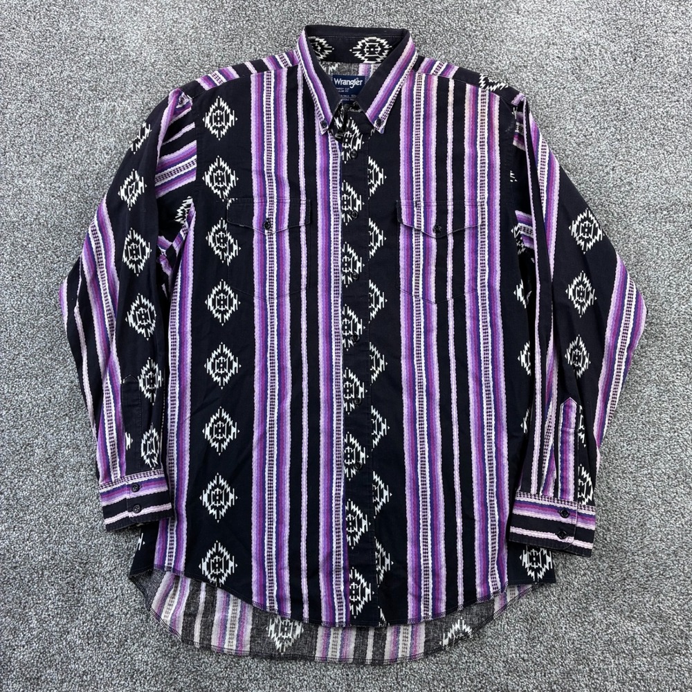 Wrangler Western Shirt Mens XL Purple Aztec‎ Stripe Button Up Brushpopper
